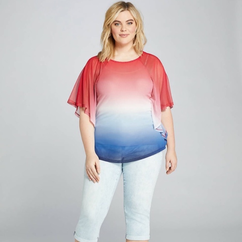 Lane Bryant Red White Blue Patriotic Ombré Mesh Top Size 14 - NWOT